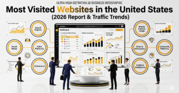 Most visited websites in the United States 2026 infographic showing internet traffic rankings, audience engagement, and digital behavior trends.