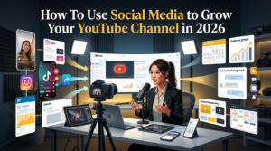 Professional illustration showing social media platforms driving YouTube channel growth through content marketing and cross-platform promotion.