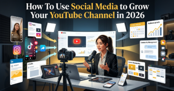 Professional illustration showing social media platforms driving YouTube channel growth through content marketing and cross-platform promotion.