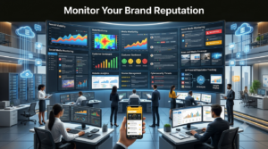 Brand reputation monitoring dashboard with analytics, social media tracking, customer feedback monitoring, and search visibility tools.