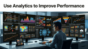 Marketing professional analyzing YouTube and social media performance using advanced analytics dashboards.