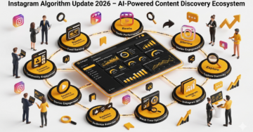Instagram Algorithm Update 2026 infographic showing AI content ranking, Reels optimization, SEO, audience retention, and engagement signals.