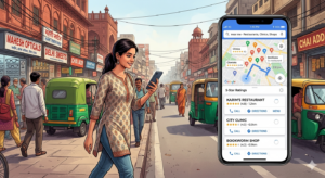 Mobile local search in Delhi showing Google Maps results and nearby businesses