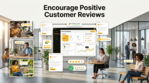 Customer review management illustration showing positive reviews, feedback monitoring, and professional responses.