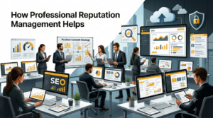 Professional reputation management illustration featuring SEO monitoring, brand management dashboards, and positive content strategy.