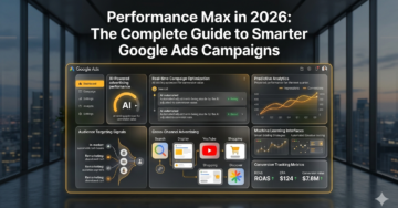 AI-powered Performance Max campaign dashboard showing advanced Google Ads optimization, automation, and cross-channel advertising strategies for 2026.
