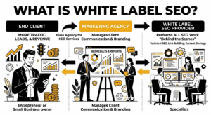 White label SEO service model connecting agencies clients and SEO providers