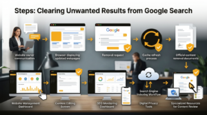 Illustration showing the step-by-step process for removing unwanted Google search results using website updates and Google's removal tools.