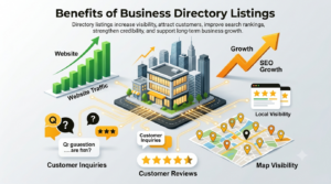 Business directory listing benefits including SEO improvement, customer trust, website traffic, and online visibility.