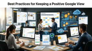 Illustration showing best practices for maintaining a positive Google presence through SEO, content marketing, and brand monitoring.