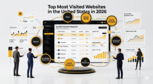 Top visited websites in the United States visualized through a professional 3D traffic ranking dashboard.