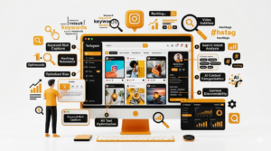 Instagram SEO infographic showing keyword optimization, hashtags, alt text, captions, and search visibility improvements.