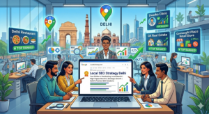 Local SEO strategy in Delhi showing business growth and Google ranking improvement