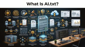 AI.txt illustration showing AI policy file, website governance, structured metadata, AI crawler communication, and technical SEO environment.