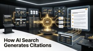 AI search workflow showing how artificial intelligence retrieves content and generates citations