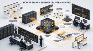AI search engine workflow illustrating content retrieval, semantic analysis, structured data processing, and answer generation.