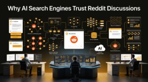 Illustration of AI search engines using Reddit discussions to generate trusted and contextual search answers.