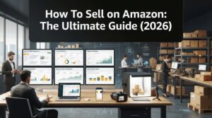 Complete Amazon selling ecosystem featuring product listings, inventory management, fulfillment, advertising dashboards, analytics, and warehouse operations.
