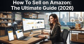 Complete Amazon selling workflow showing product research, Seller Central dashboard, inventory management, fulfillment, advertising, analytics, and business growth.