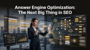 Answer Engine Optimization strategy showing AI-powered search engines, structured data, semantic SEO, analytics dashboards, and AI answer generation workflow.
