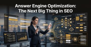 Answer Engine Optimization strategy showing AI-powered search engines, structured data, semantic SEO, analytics dashboards, and AI answer generation workflow.
