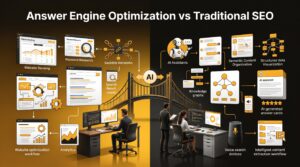 Comparison of traditional SEO and Answer Engine Optimization using AI search workflows, structured data, and semantic SEO.