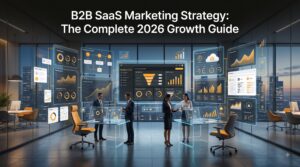 Premium illustration of a B2B SaaS marketing strategy featuring cloud software dashboards, SEO analytics, marketing automation, customer journey visualization, and business growth technologies.