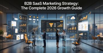 Premium illustration of a B2B SaaS marketing strategy featuring cloud software dashboards, SEO analytics, marketing automation, customer journey visualization, and business growth technologies.