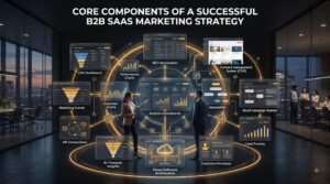 Illustration showing the core components of a B2B SaaS marketing strategy with SEO, automation, analytics, CRM, and lead generation systems.