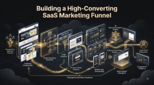 High-converting SaaS marketing funnel illustration showing lead generation, nurturing, onboarding, and subscription conversion workflows.
