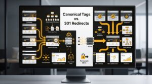 Illustration comparing canonical tags and 301 redirects for resolving duplicate content issues.