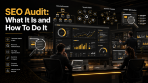 SEO audit process showing website analysis dashboards, keyword tracking, and technical optimization workflow