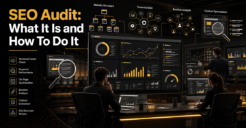 SEO audit process showing website analysis dashboards, keyword tracking, and technical optimization workflow
