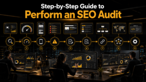 step by step SEO audit workflow showing indexing speed mobile optimization and backlink analysis
