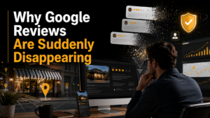 Premium illustration showing disappearing Google reviews, local SEO analytics, review moderation, and business reputation management.
