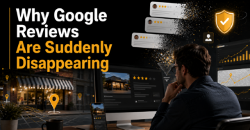 Premium illustration showing disappearing Google reviews, local SEO analytics, review moderation, and business reputation management.