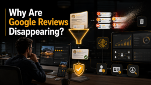 Illustration explaining why Google reviews disappear because of spam detection and policy enforcement.
