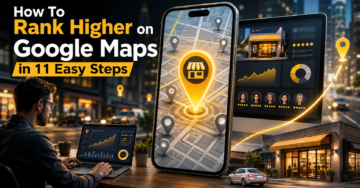 Illustration of Google Maps ranking optimization showing business listing, analytics dashboard, and local SEO elements