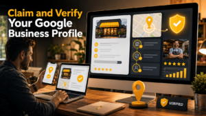 Illustration of claiming and verifying Google Business Profile with dashboard and location verification process