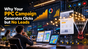 Illustration showing why a PPC campaign generates clicks but fails to produce leads using advertising dashboards, conversion funnels, and landing page optimization visuals.
