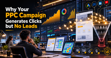 Illustration showing why a PPC campaign generates clicks but fails to produce leads using advertising dashboards, conversion funnels, and landing page optimization visuals.