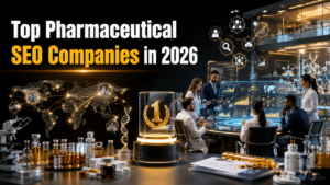 Top Pharmaceutical SEO Companies in 2026 with AI-powered healthcare SEO analytics, pharmaceutical research, and digital marketing visualization.