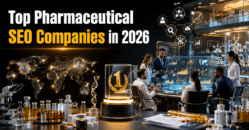 Top Pharmaceutical SEO Companies in 2026 with AI-powered healthcare SEO analytics, pharmaceutical research, and digital marketing visualization.