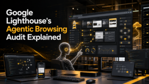 Google Lighthouse Agentic Browsing Audit illustration showing AI-powered website interaction, accessibility analysis, and technical SEO auditing.