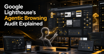 Google Lighthouse Agentic Browsing Audit illustration showing AI-powered website interaction, accessibility analysis, and technical SEO auditing.