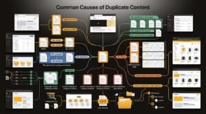 Illustration showing the most common technical causes of duplicate content including URL variations, parameters, pagination, and CMS-generated pages.