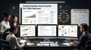 Content optimization strategy showing SEO improvements for recovering Google website traffic.