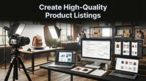 Amazon product listing creation featuring professional product photography, optimized listing editor, SEO workflow, image gallery, and listing management tools.