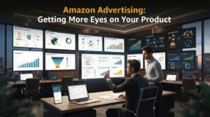 Amazon advertising dashboard displaying PPC campaign management, keyword targeting, sales analytics, audience insights, and conversion optimization.