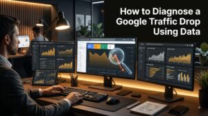SEO analytics dashboard analysis showing how to diagnose a Google traffic drop.